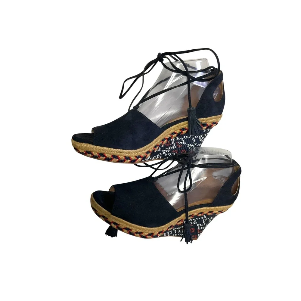 Cabi Navy Blue Lace Up Tassel Wedge Espadrille‎ Sandals Women's 8.5M Boho Summer